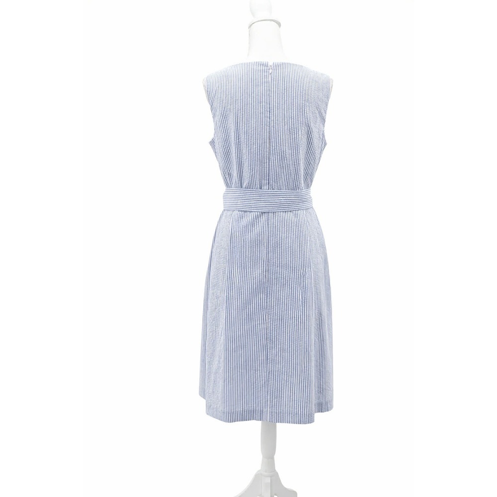 Anne Klein Seersucker A Line Dress Blue White Striped Belted Summer 10 - Picture 4 of 10
